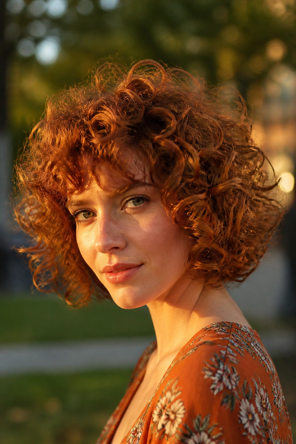 Close-up portrait of a real woman with curly auburn bob outdoors in a city park during golden hour