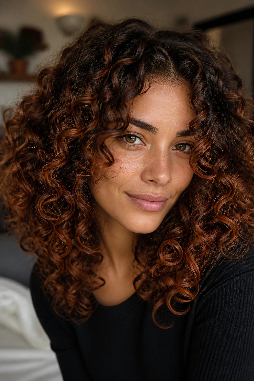 Close-up of curly hair with auburn copper balayage highlights