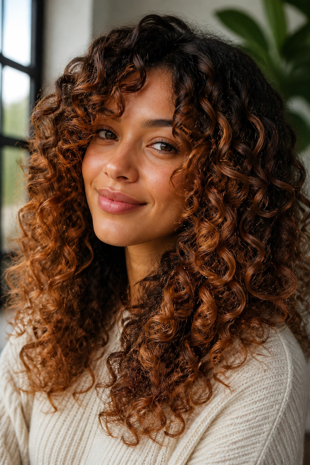 Close-up of curly brown hair with strawberry balayage on curls