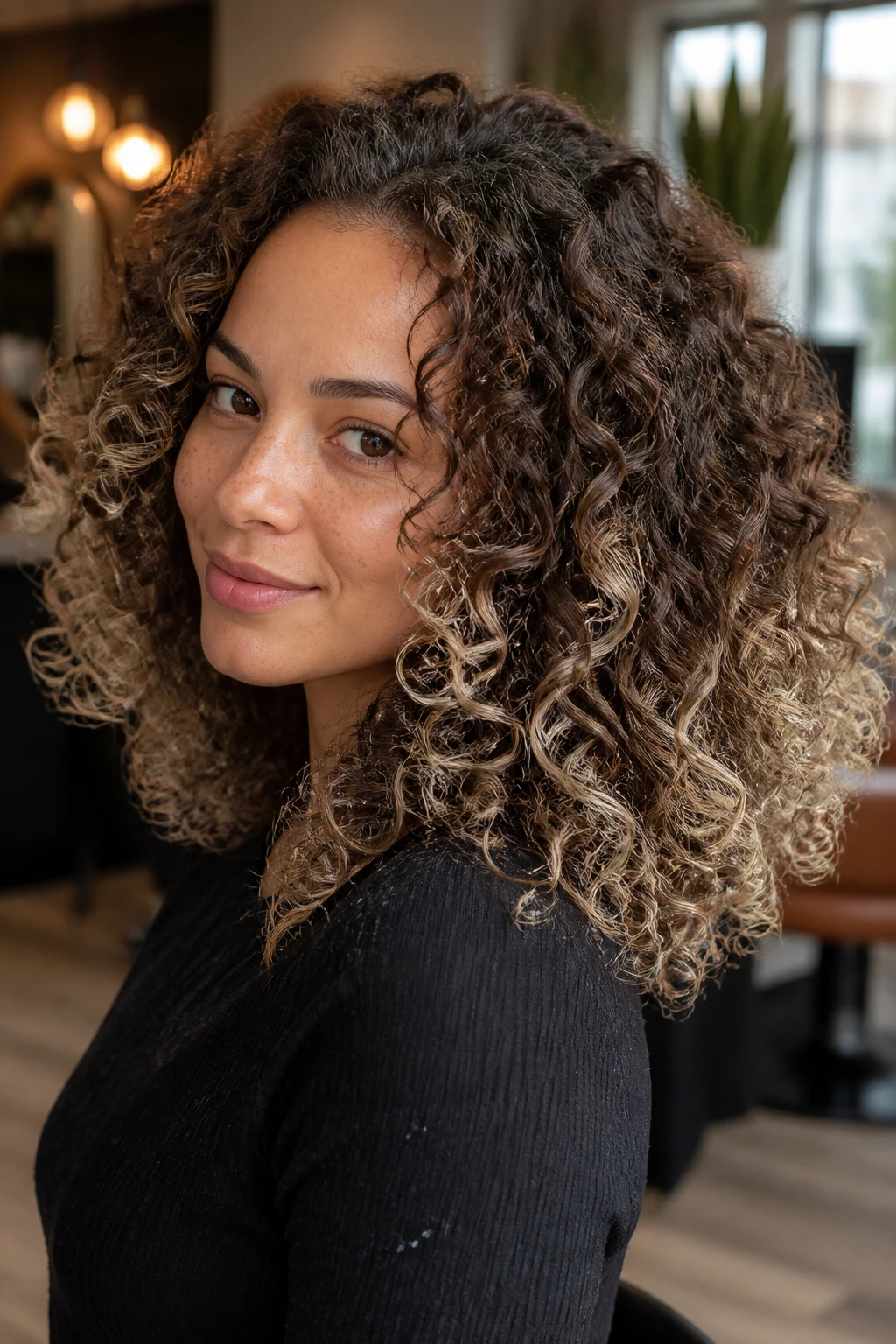 Close-up of curly brown hair with frosted platinum tips on a real woman in warm salon light
