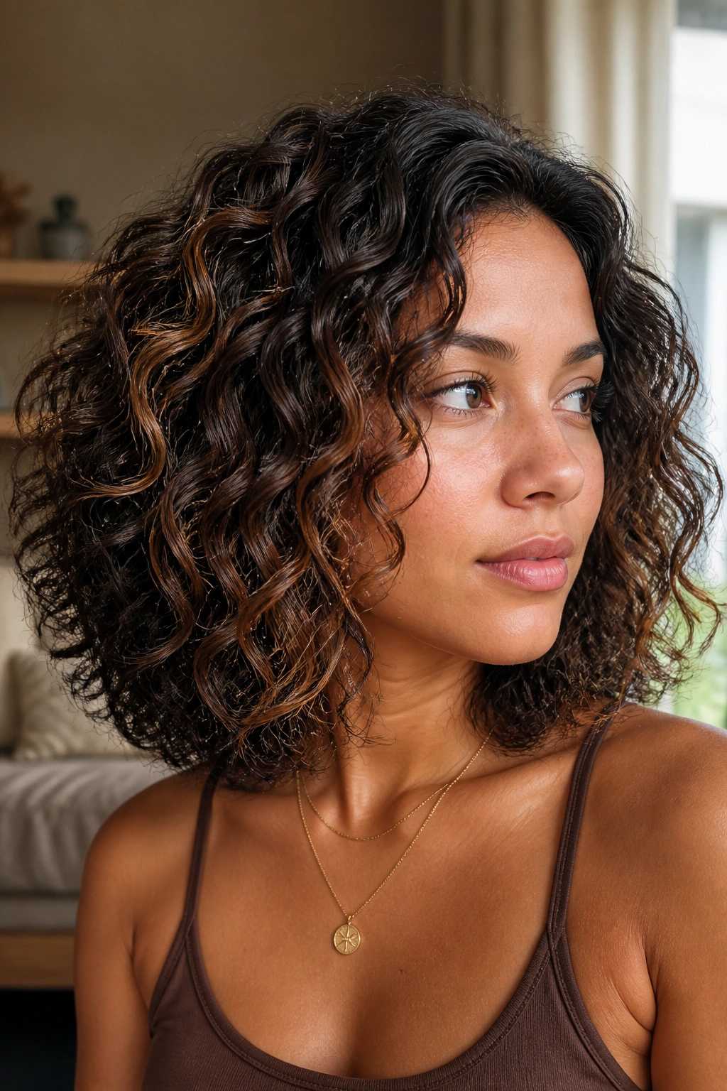 Close-up of a real woman showing a curly halo of black balayage around shoulder-length curls