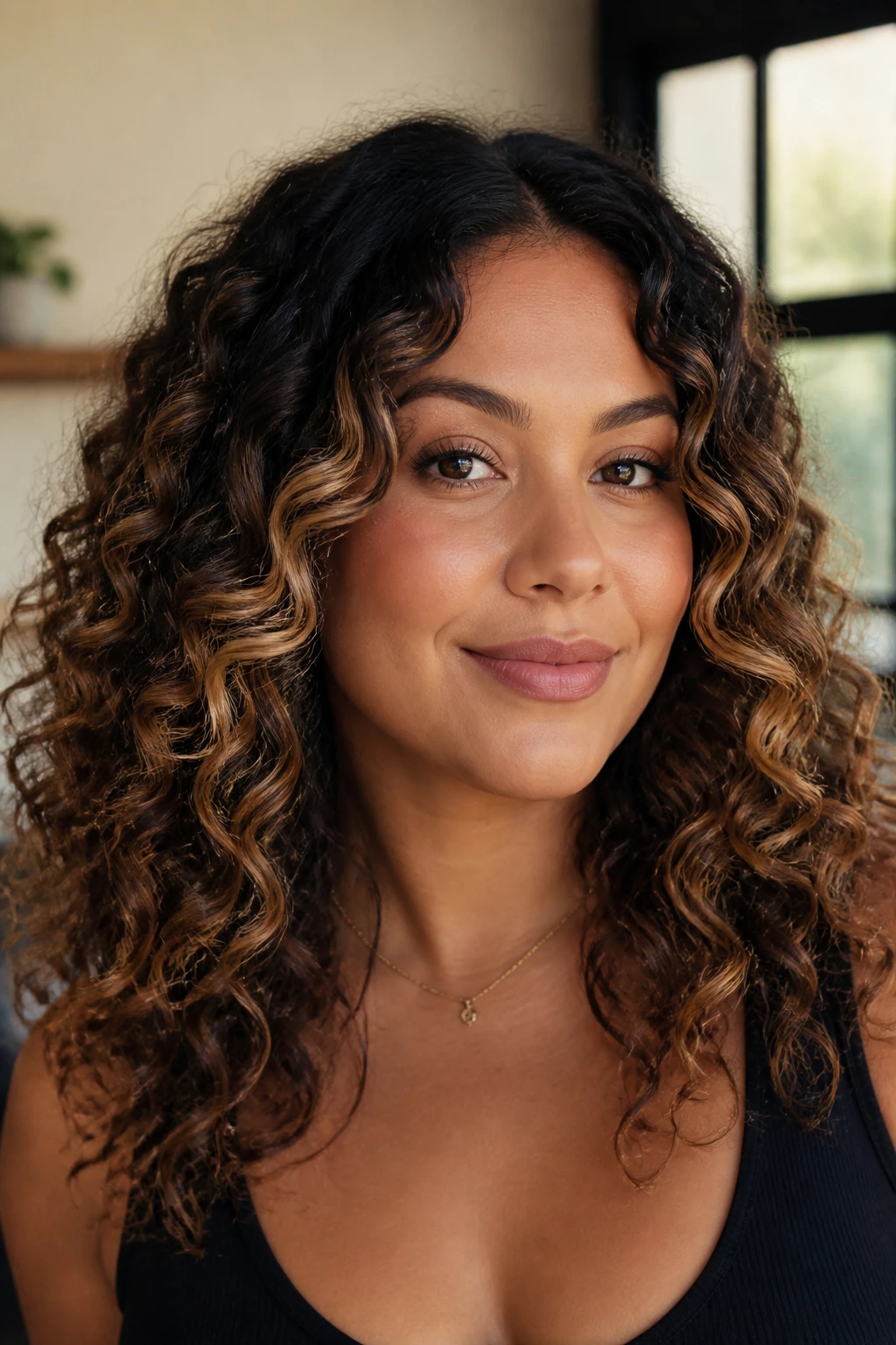 Close-up of a real woman with curly brown balayage and ribboned ends