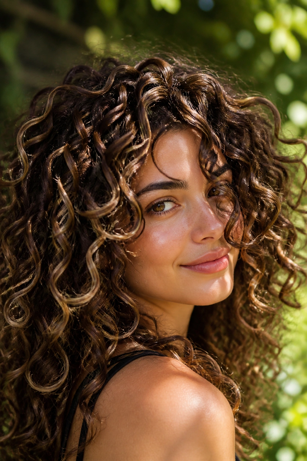 Close-up of curly brown hair with fine blonde ribbons woven through curls