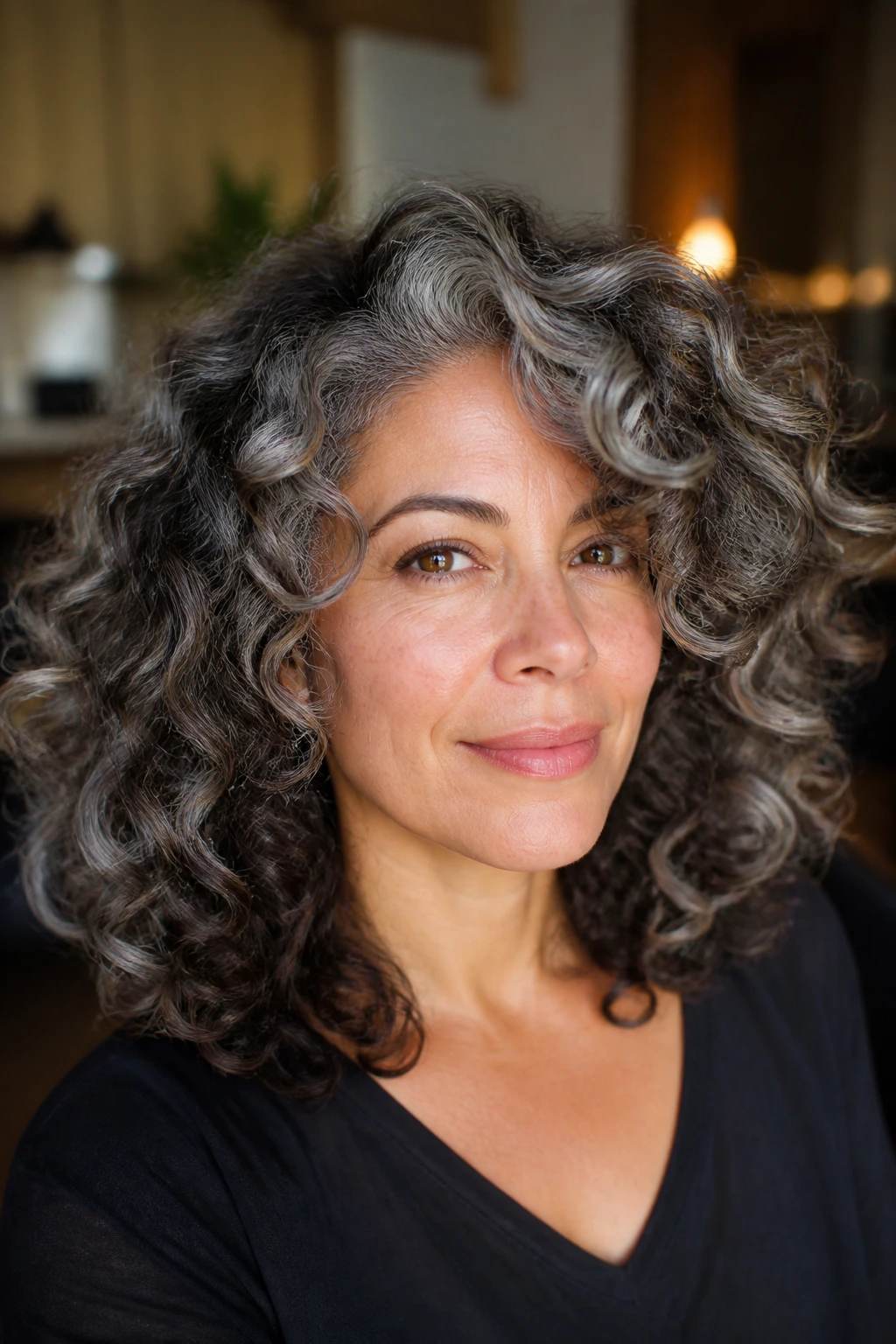Close-up of real woman with curly salt-and-pepper balayage emphasizing curl placement