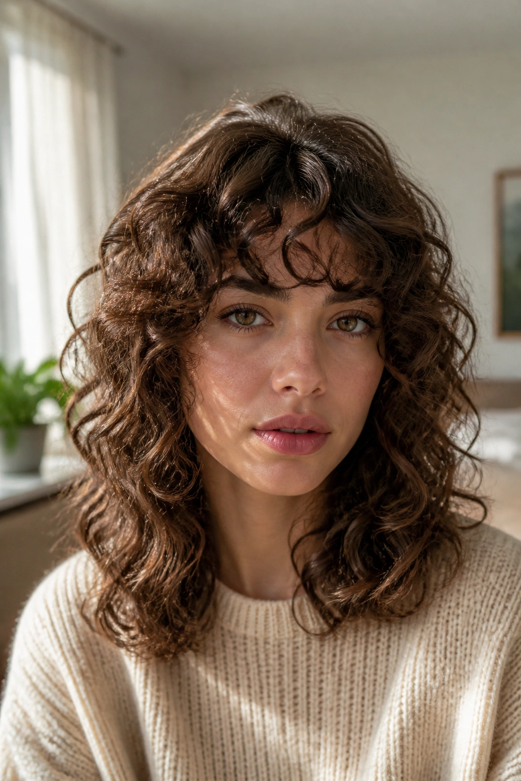 Close-up of brunette woman with curly bangs and soft shrinkage