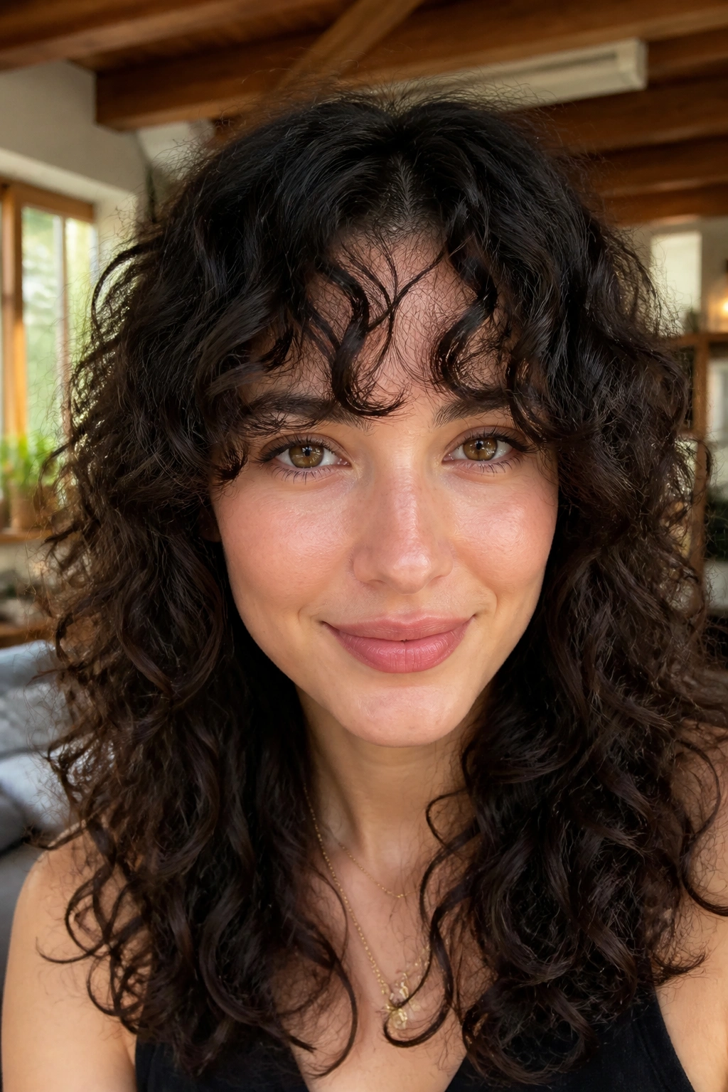 Close-up of a real woman with curly bangs and a light center opening in a sunlit living room