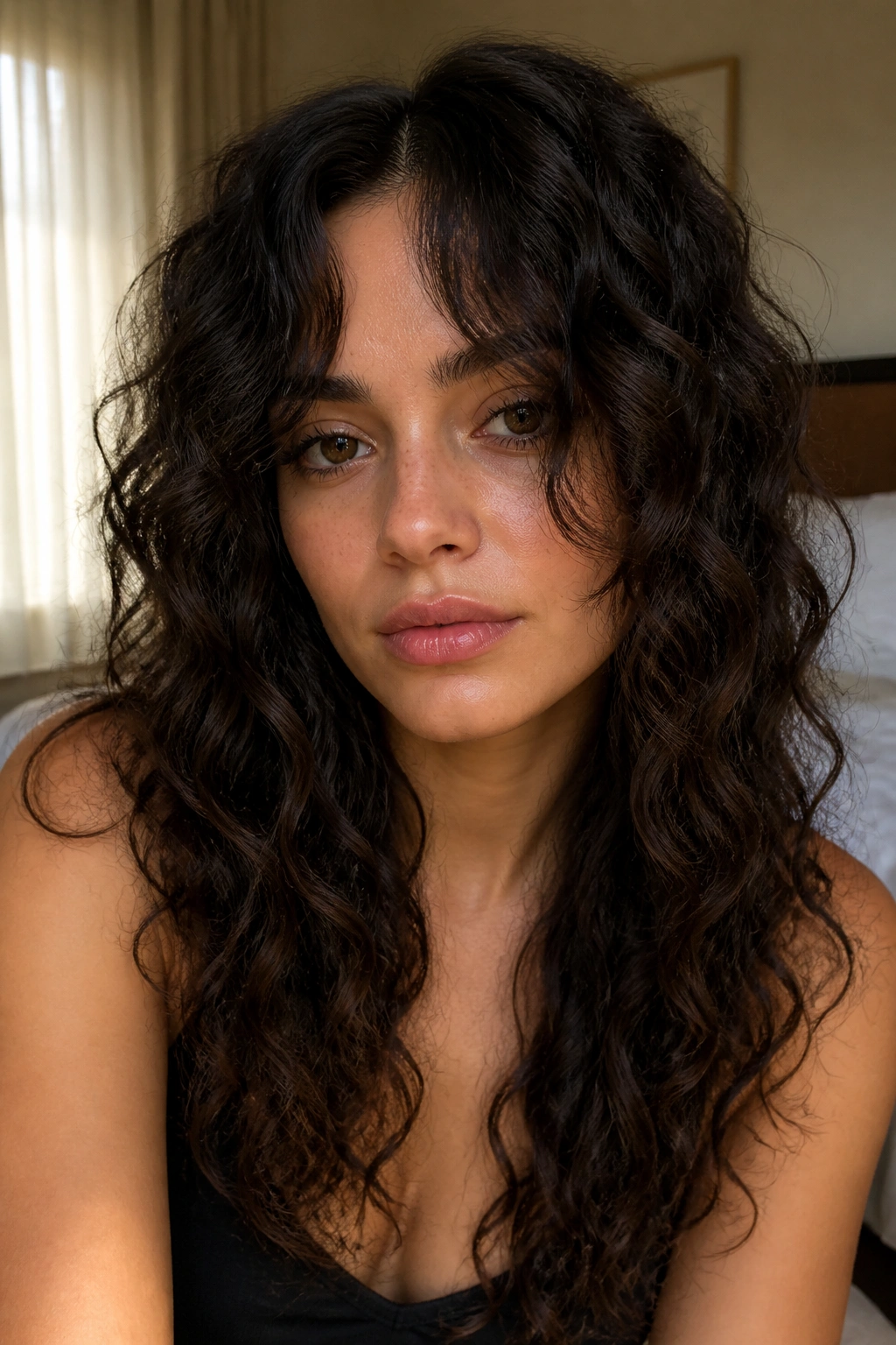 Close-up of a real woman with long curly curtain bangs centered split, soft lighting