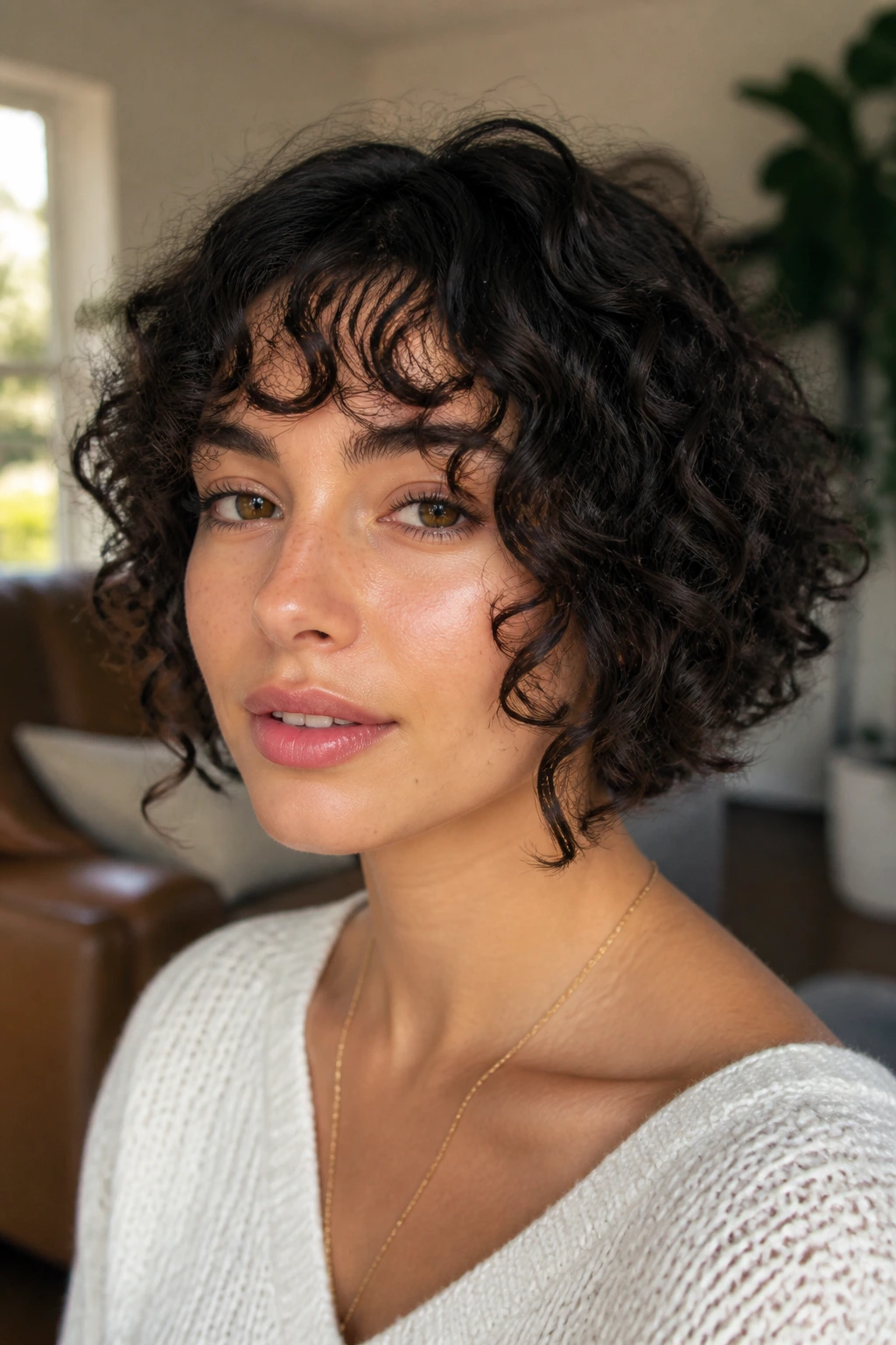 Close-up of a real woman with curly bangs and chin-length pieces framing her face.