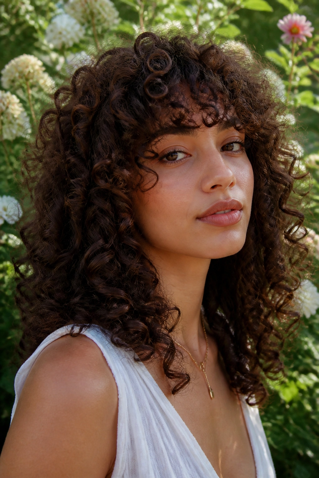 Close-up portrait of a woman with curly bangs cut to match curl pattern