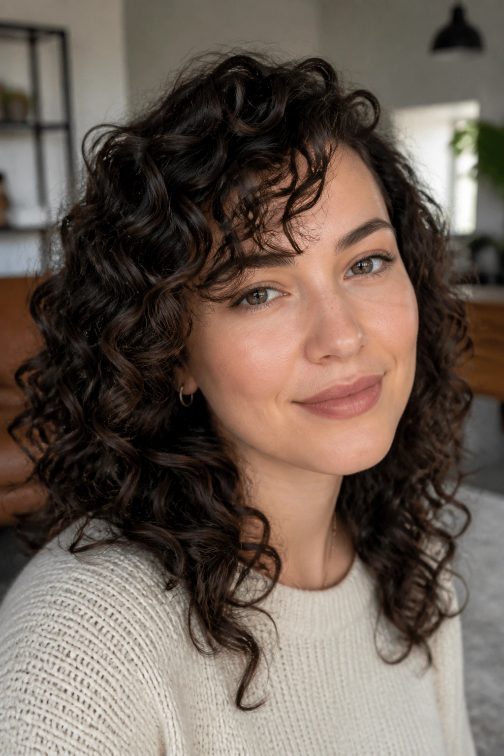 Close-up of a real woman with curly side bangs following curl pattern