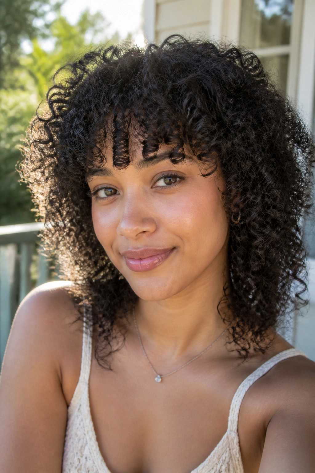 Close-up of a real woman with curly bangs cut dry showing shrinkage