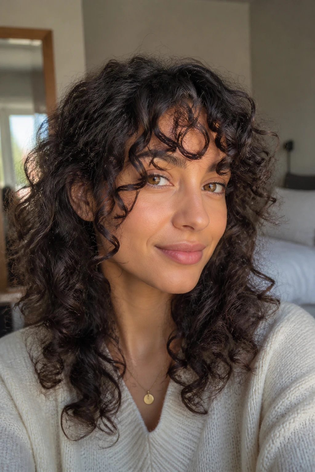 Close-up of curly bangs and face-framing pieces on a real woman in natural window light.