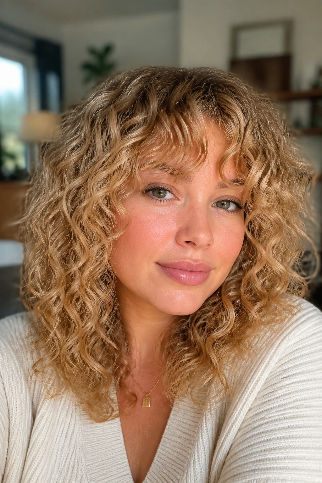 Close-up of a real woman with curly hair and honey-ended blonde bangs framing the eyes