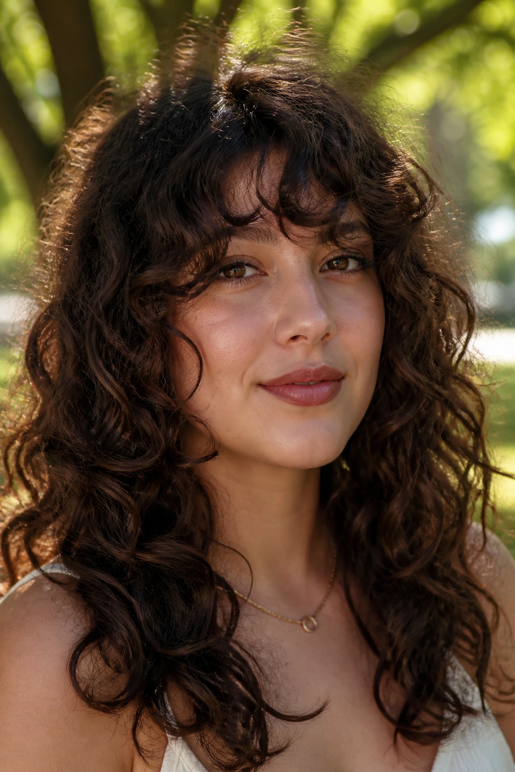 Real woman with long curly bangs in sunny park setting.