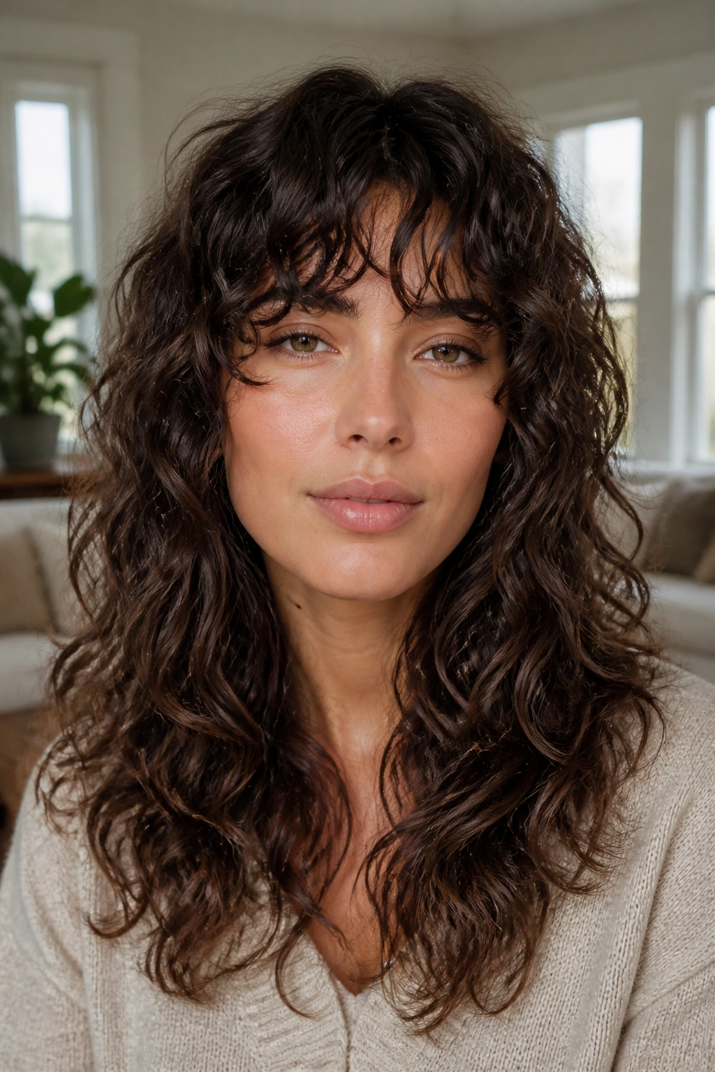 Close-up of a real woman with curly bangs and long layers hairstyle