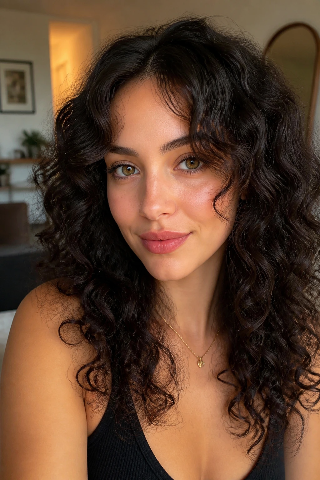 Close-up portrait of a real woman with curly curtain bangs opened in the middle, forehead visible