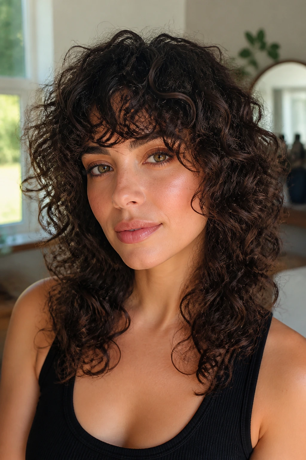 Real woman with curly bangs on natural brunette texture