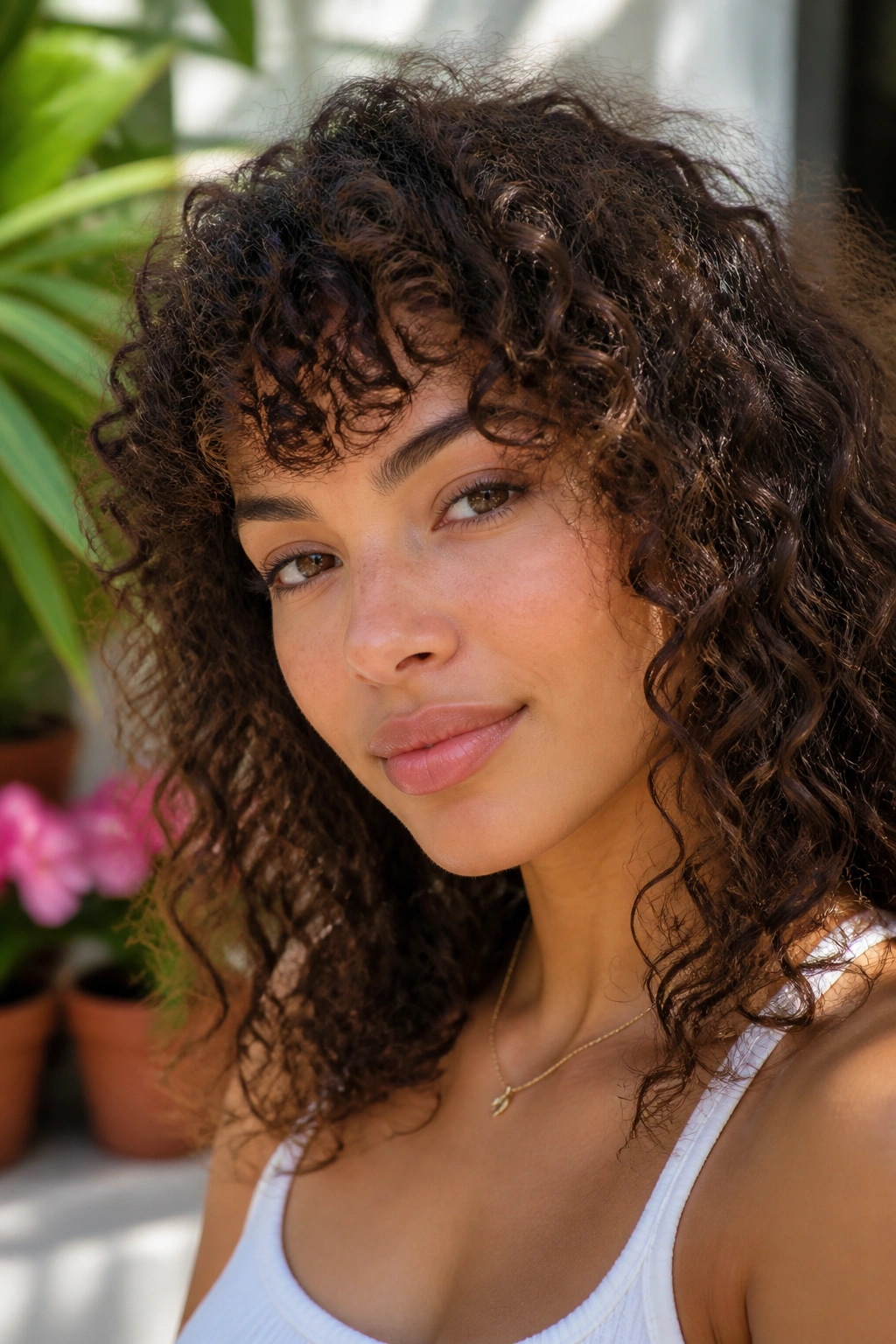 Portrait of a woman with curly bangs in outdoor light
