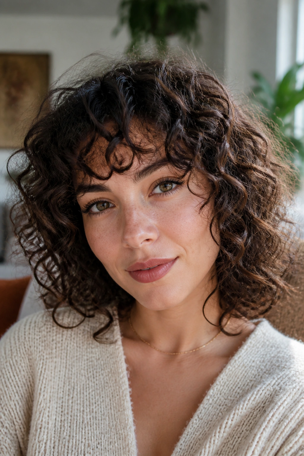 Real woman with curly bangs around the brow, natural texture and balance.