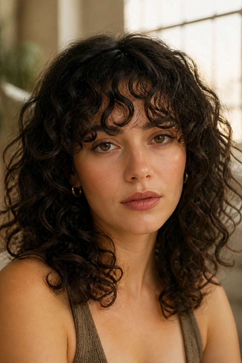 Close-up portrait of a real woman with curly wispy bangs framing the forehead, natural window light.