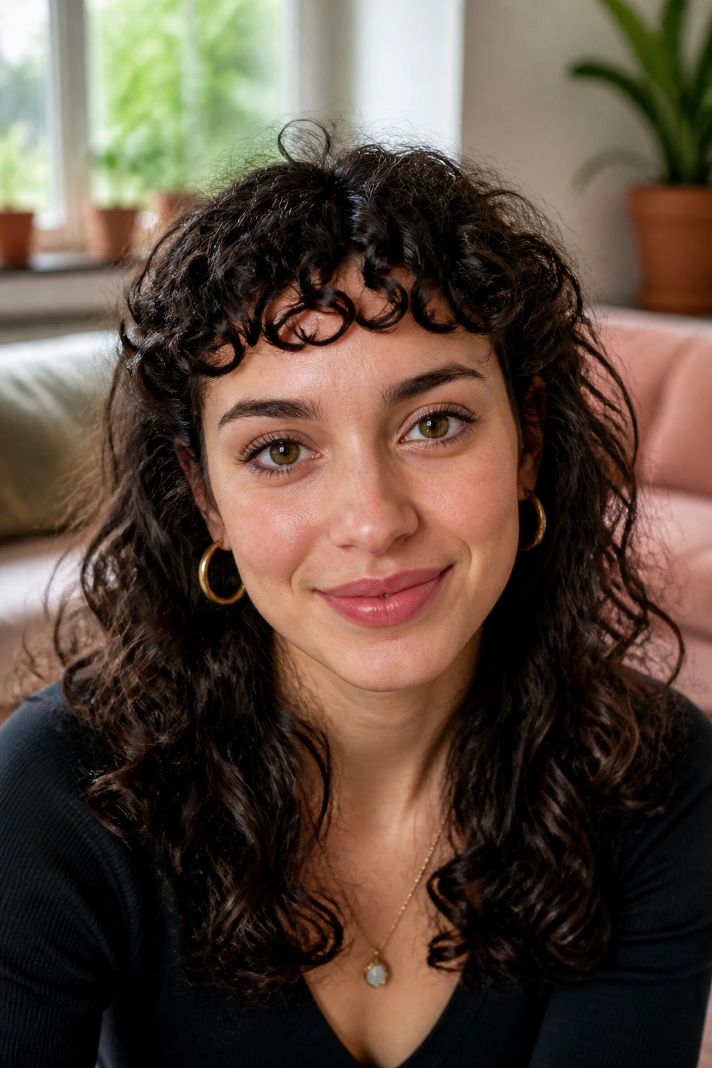 Close-up of a real woman with curly micro bangs in a cozy living room