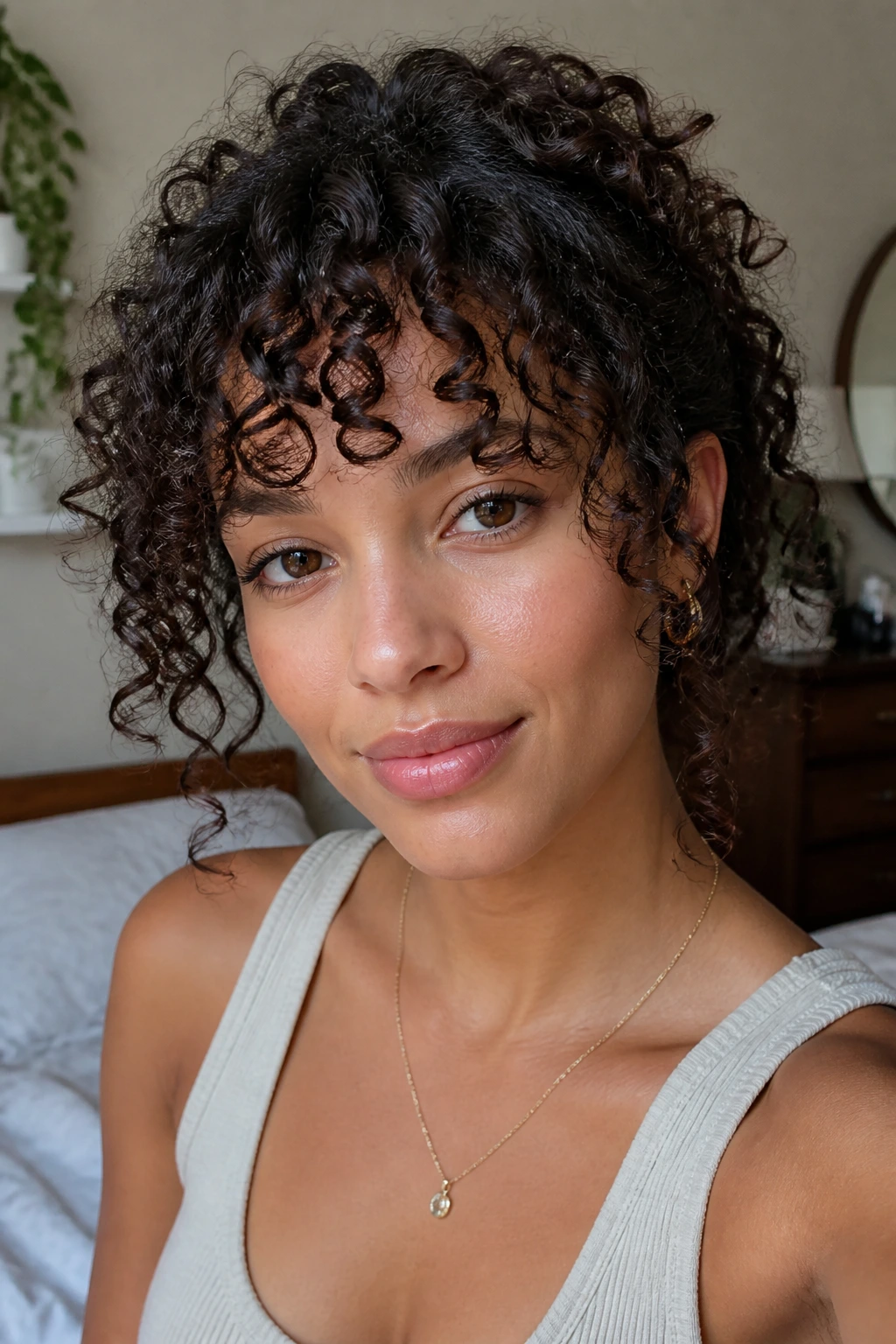 Close-up portrait of a real woman with curly bangs framing her forehead in natural window light