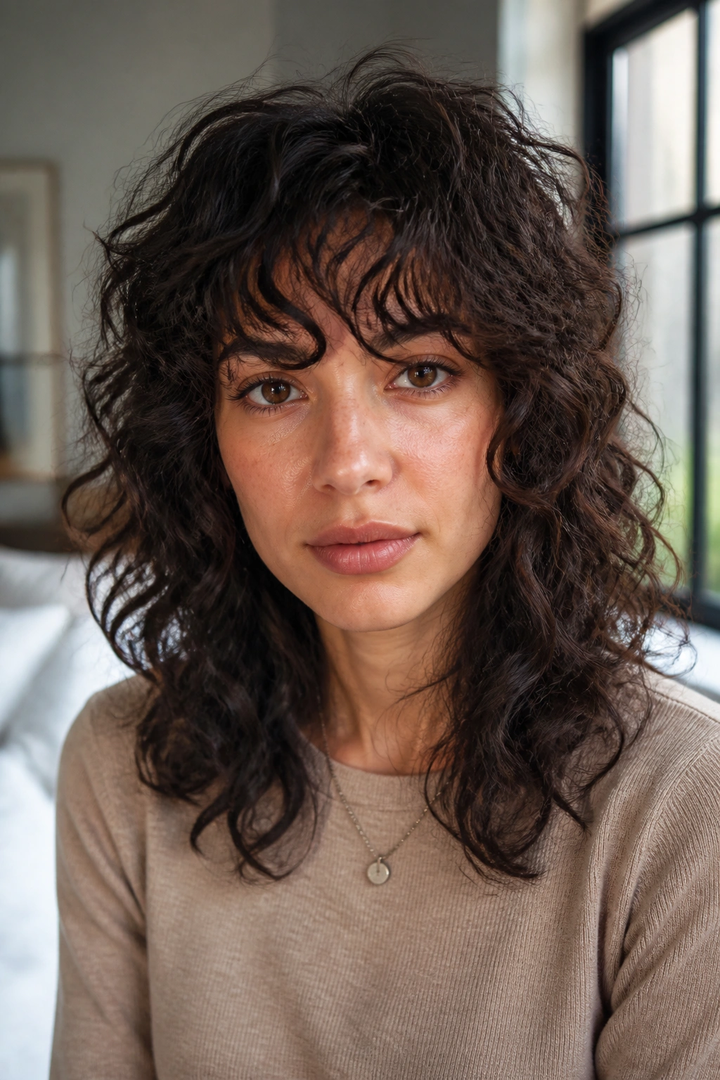 Close-up of a real woman with curly bangs and shoulder-length layers