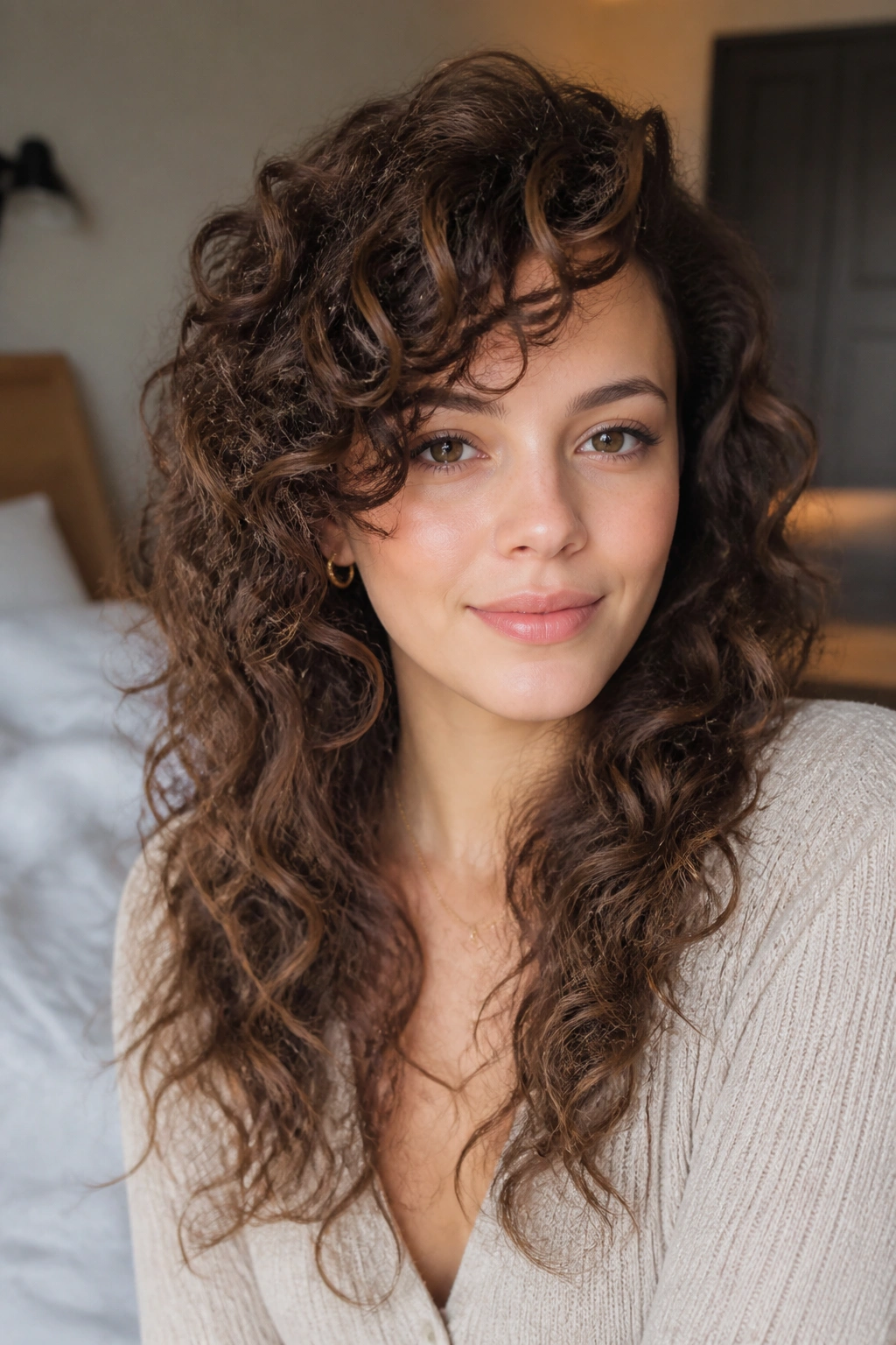 Portrait of side-swept curly bangs with long layers on a real person