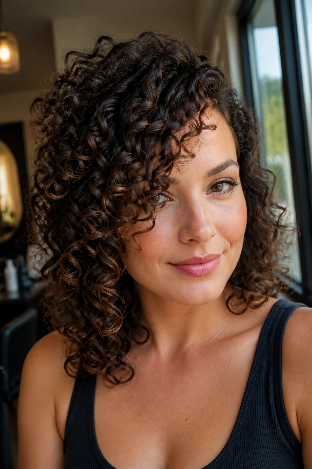 Close-up of a real person with curly side bangs that keep their spring, soft salon lighting