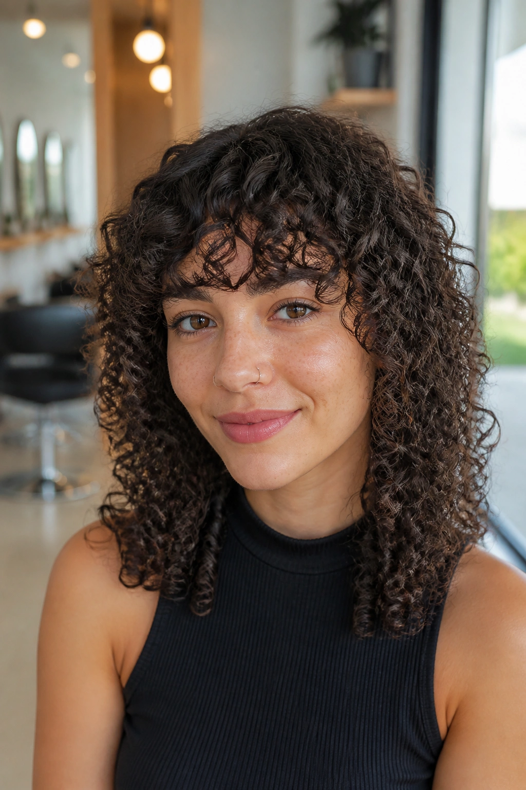 Close-up of curly textured bangs on a real woman in a bright salon