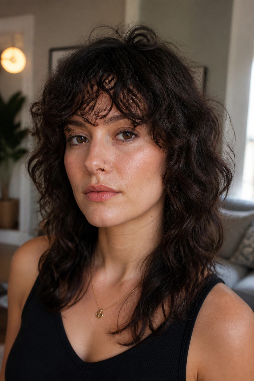 Portrait of a real woman with curly bangs blended into a wolf cut
