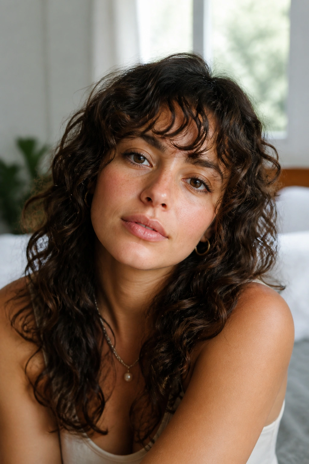 Close-up portrait of a real woman with curly Birkin bangs framing the eyes