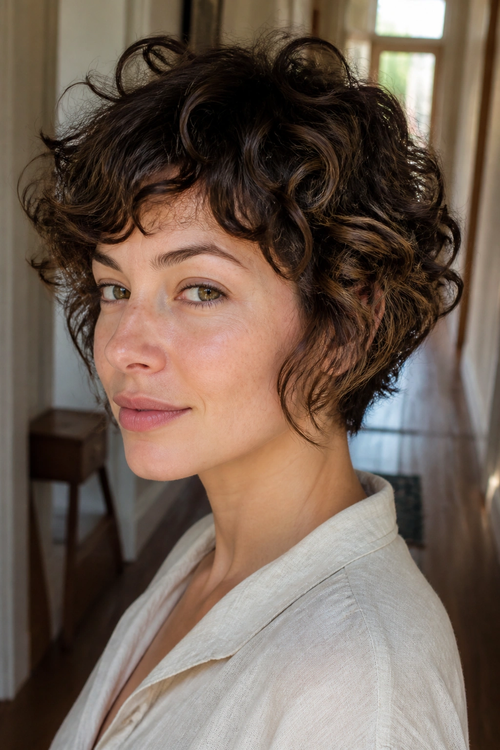 Close-up of a woman with a curly bixie hairstyle showing front length and crown lift.