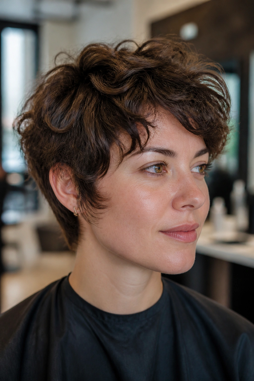 Close-up of a real woman with curly bixie and soft temple layers