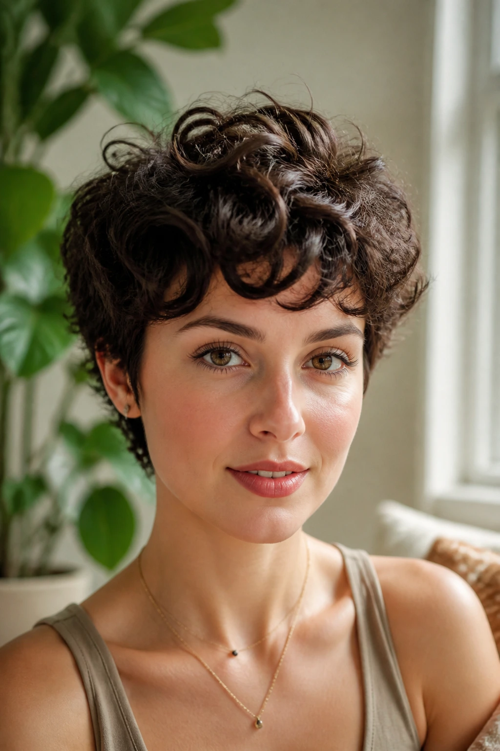 Portrait of a real person with curly bixie hairstyle featuring rounded layered curls
