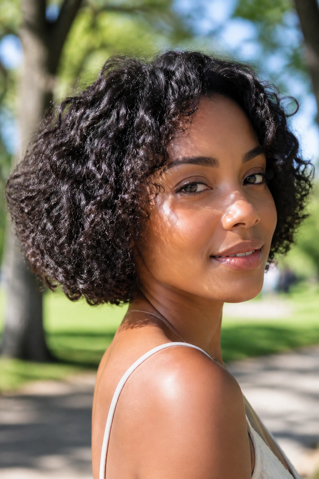Portrait of a real woman with a jaw-length curly black bob showing defined curls.