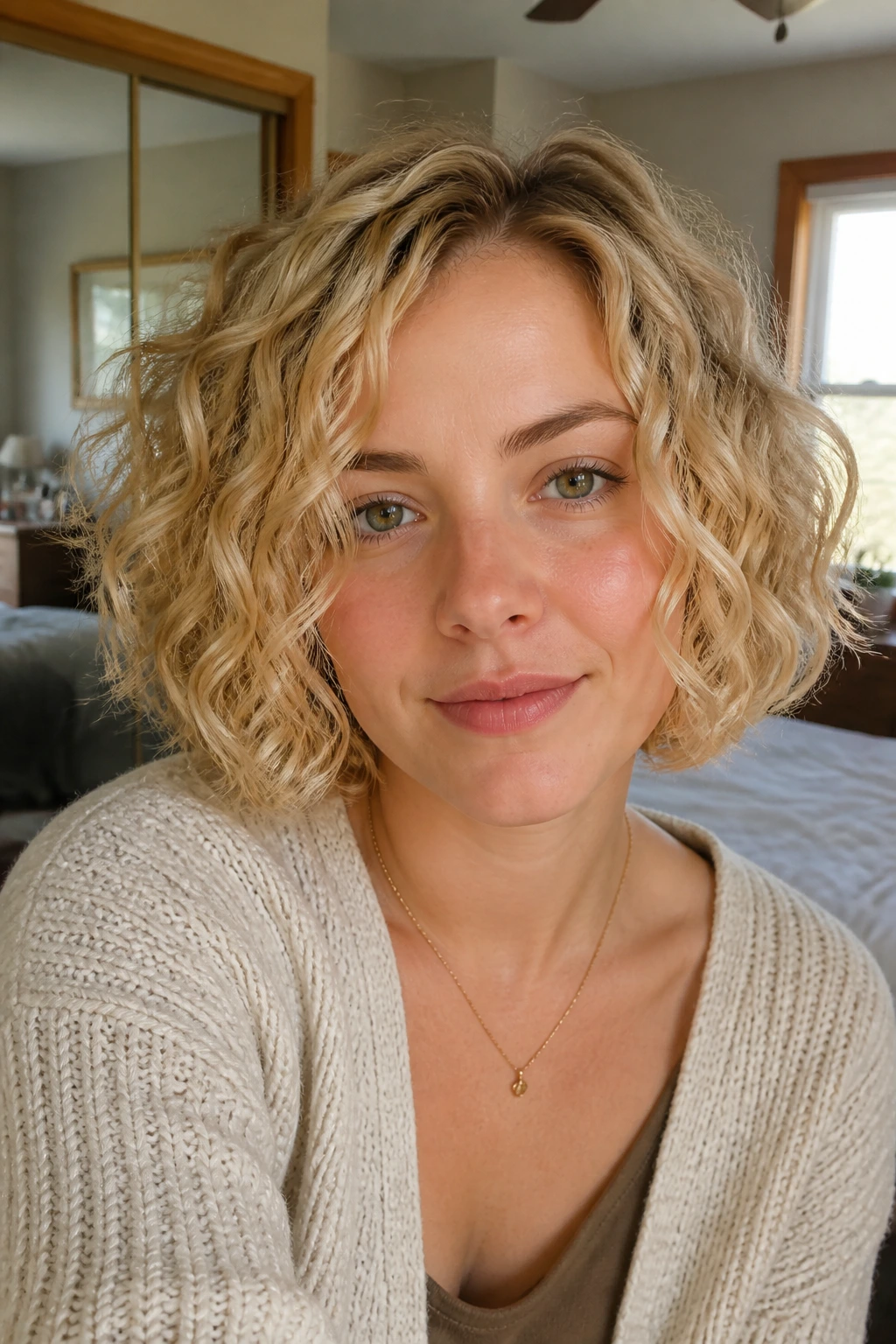 Close-up of a real woman with a curly blonde bob and soft grow-out.