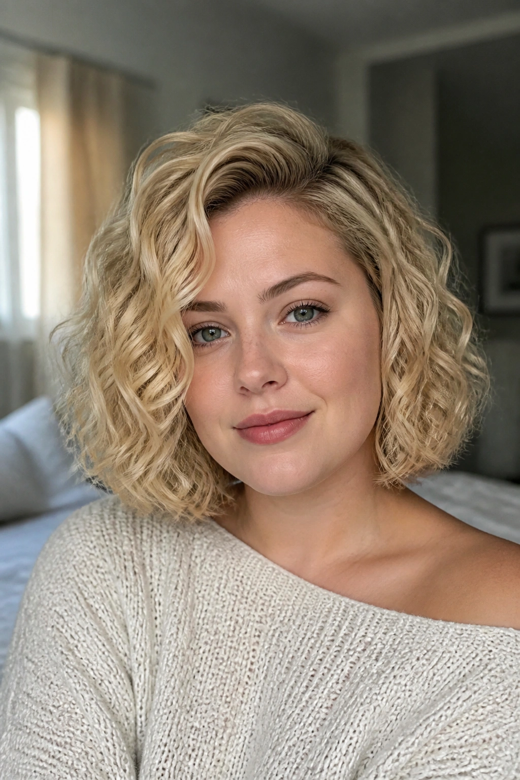 Close-up of a real woman with a curly blonde bob and side part, soft bedroom light.