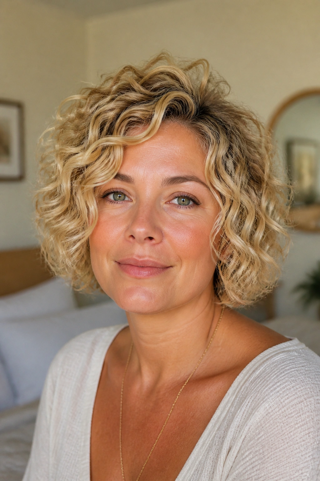 Close-up of a real woman with curly blonde bob and high crown volume.