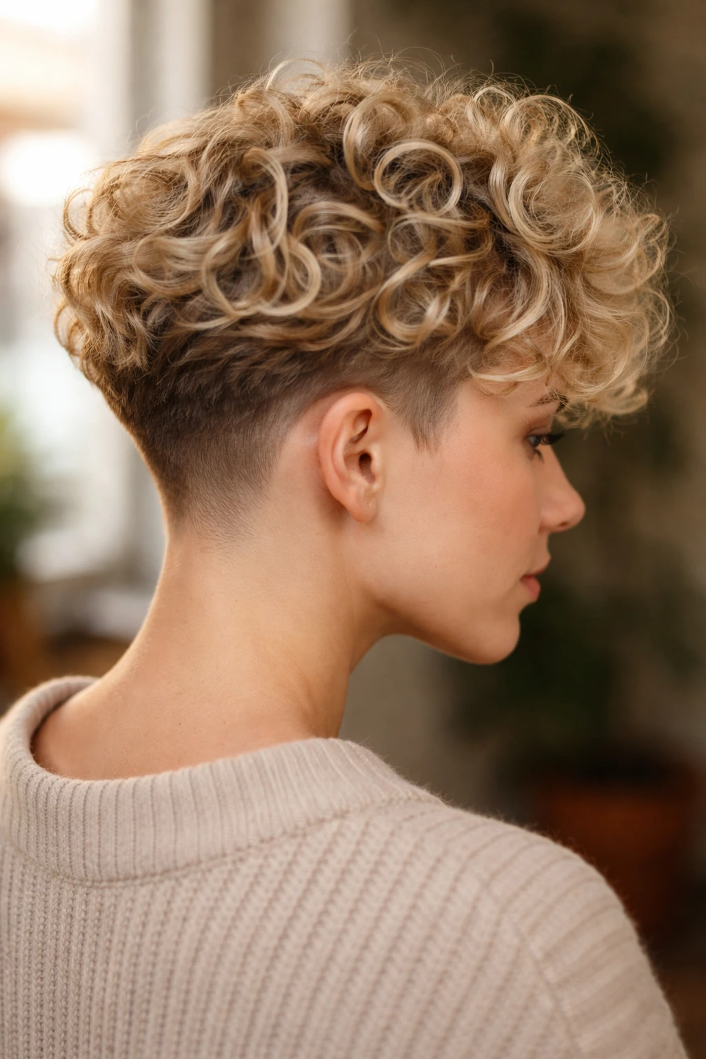 Close-up of curly blonde crop with low undercut on real person