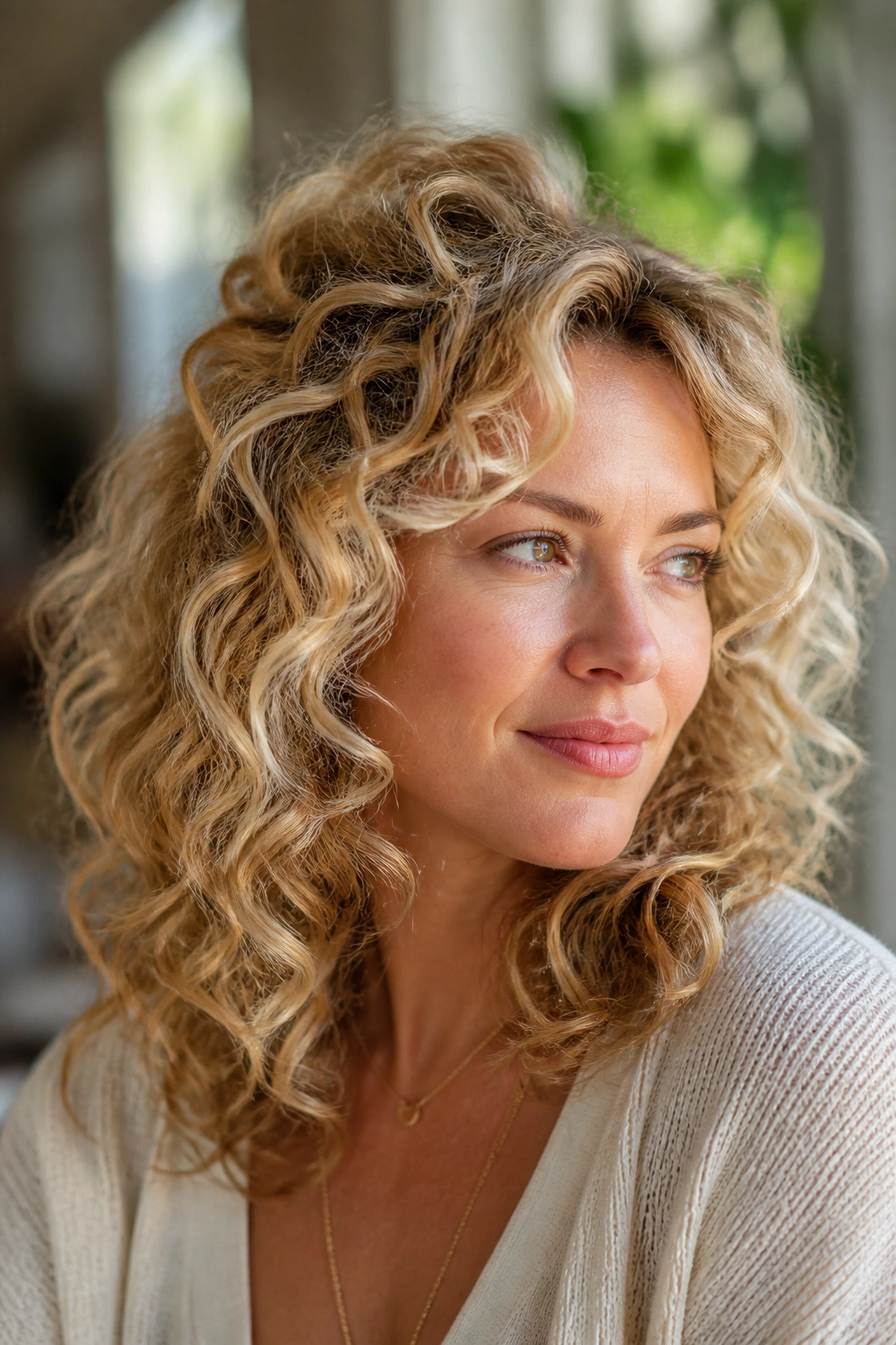 Close-up of a real woman with curly blonde hair and crown layers in sunlit setting