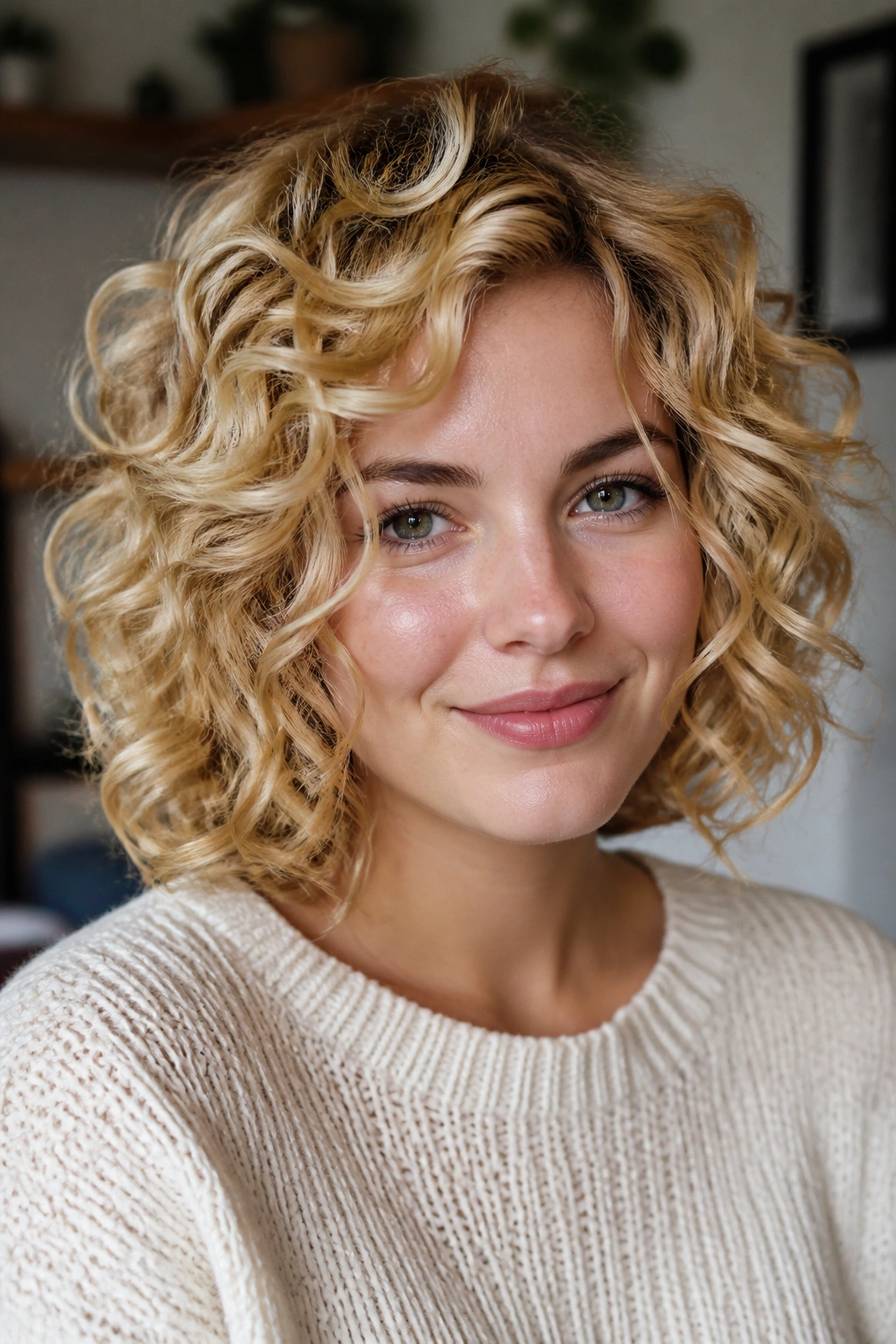 Real woman with curly blonde lob and lifted layers