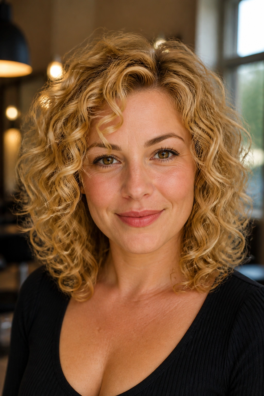 Close-up portrait of curly blonde hair with rounded layers and crown volume.