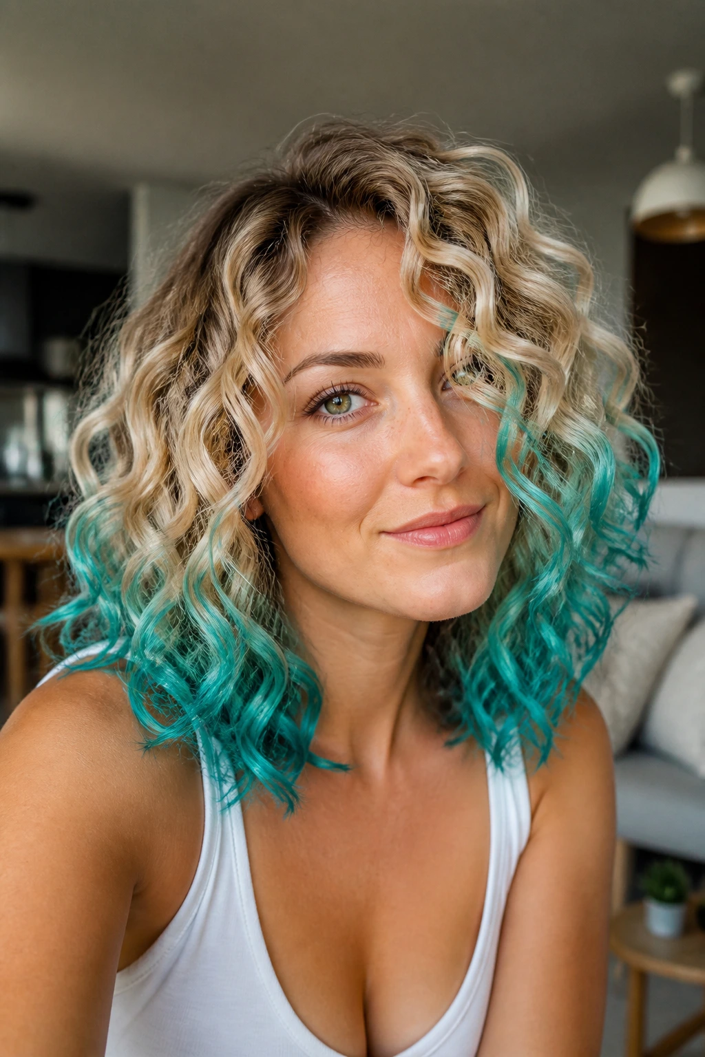 Close-up portrait of a real woman with curly blonde lob and turquoise ombre