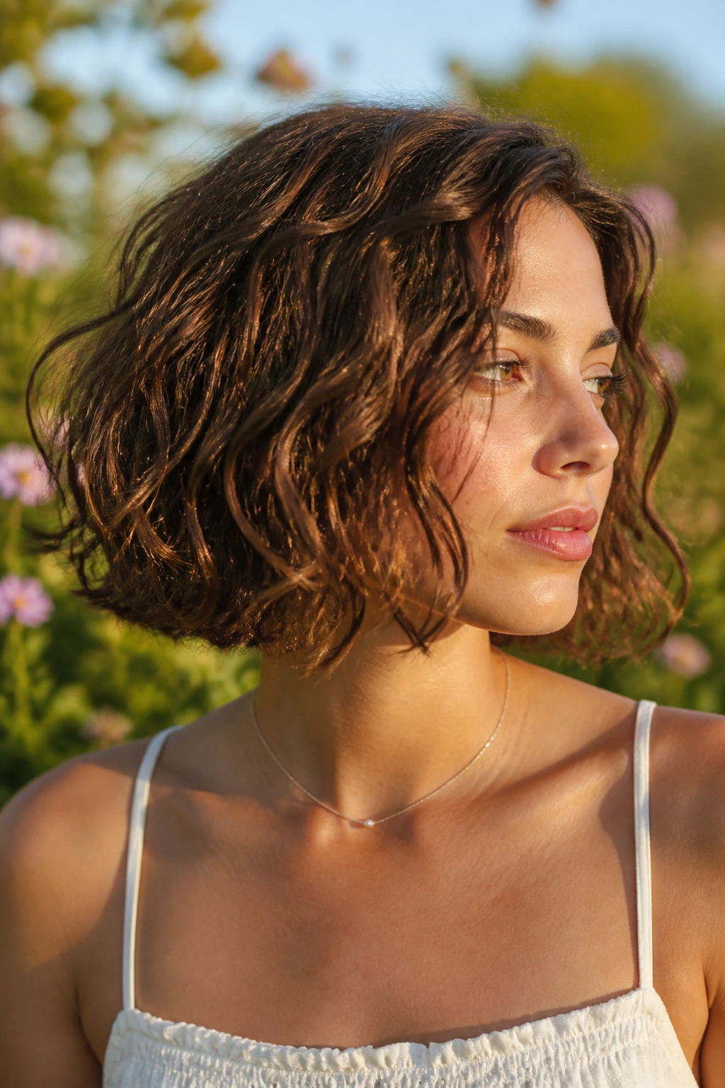 Real woman with curly or wavy bob and air-dried finish in sunlit outdoor garden