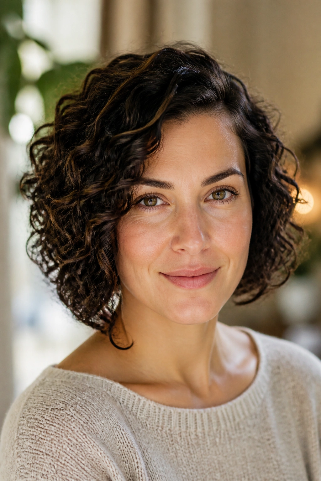 Real person with a curly asymmetrical bob.
