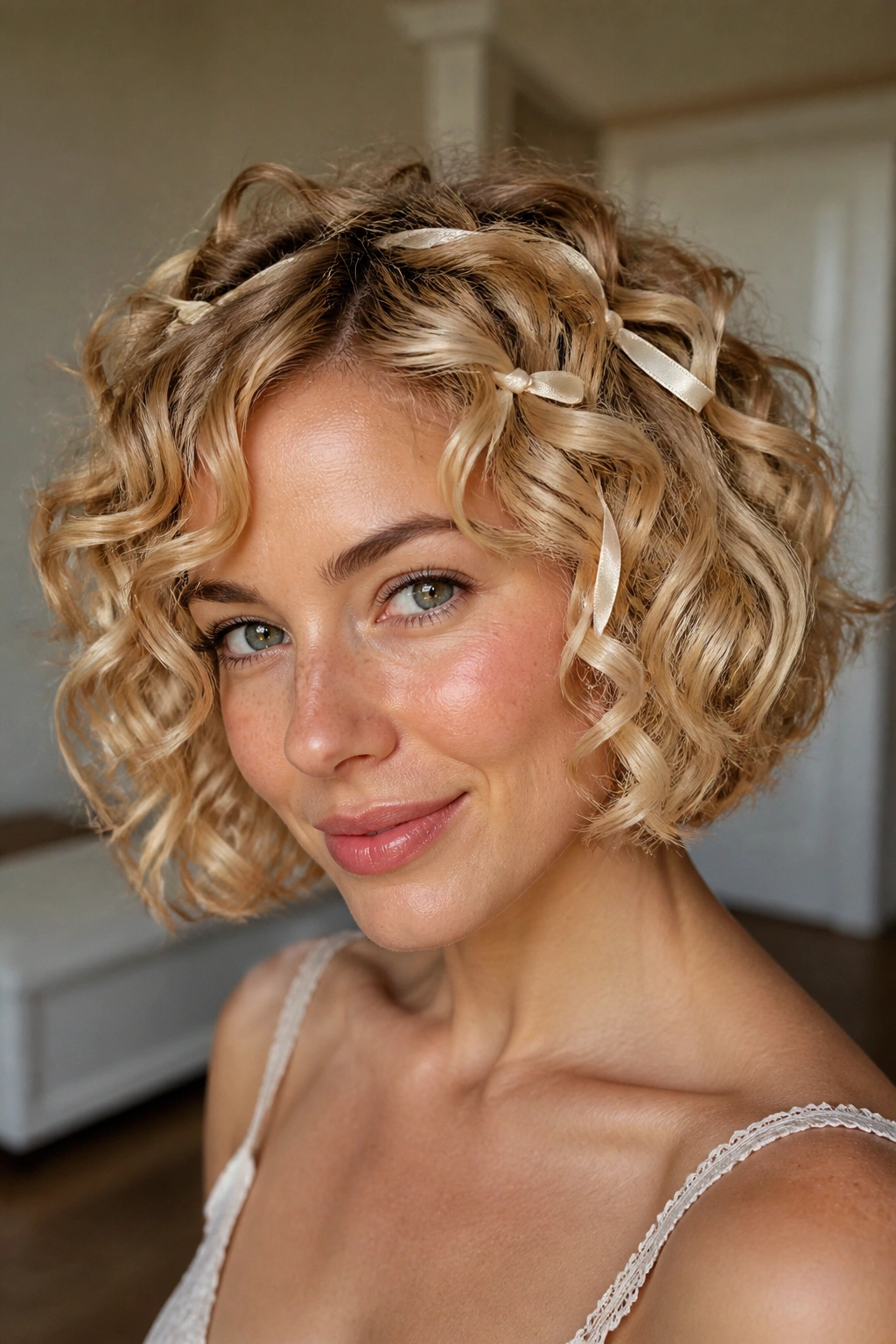 Close-up of a real woman with curly bob and blonde ribbons woven through curls