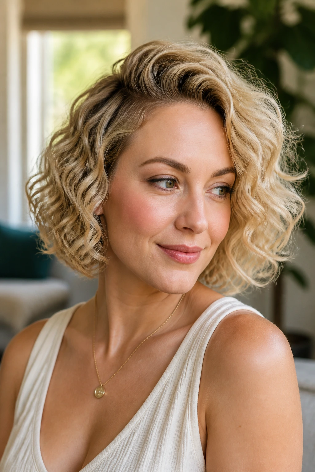 Real woman with curly blonde bob, side part, lift at crown