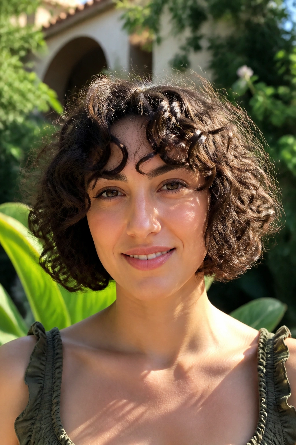 Close-up of a real woman with a curly bob at cheekbone level in a sunlit garden.