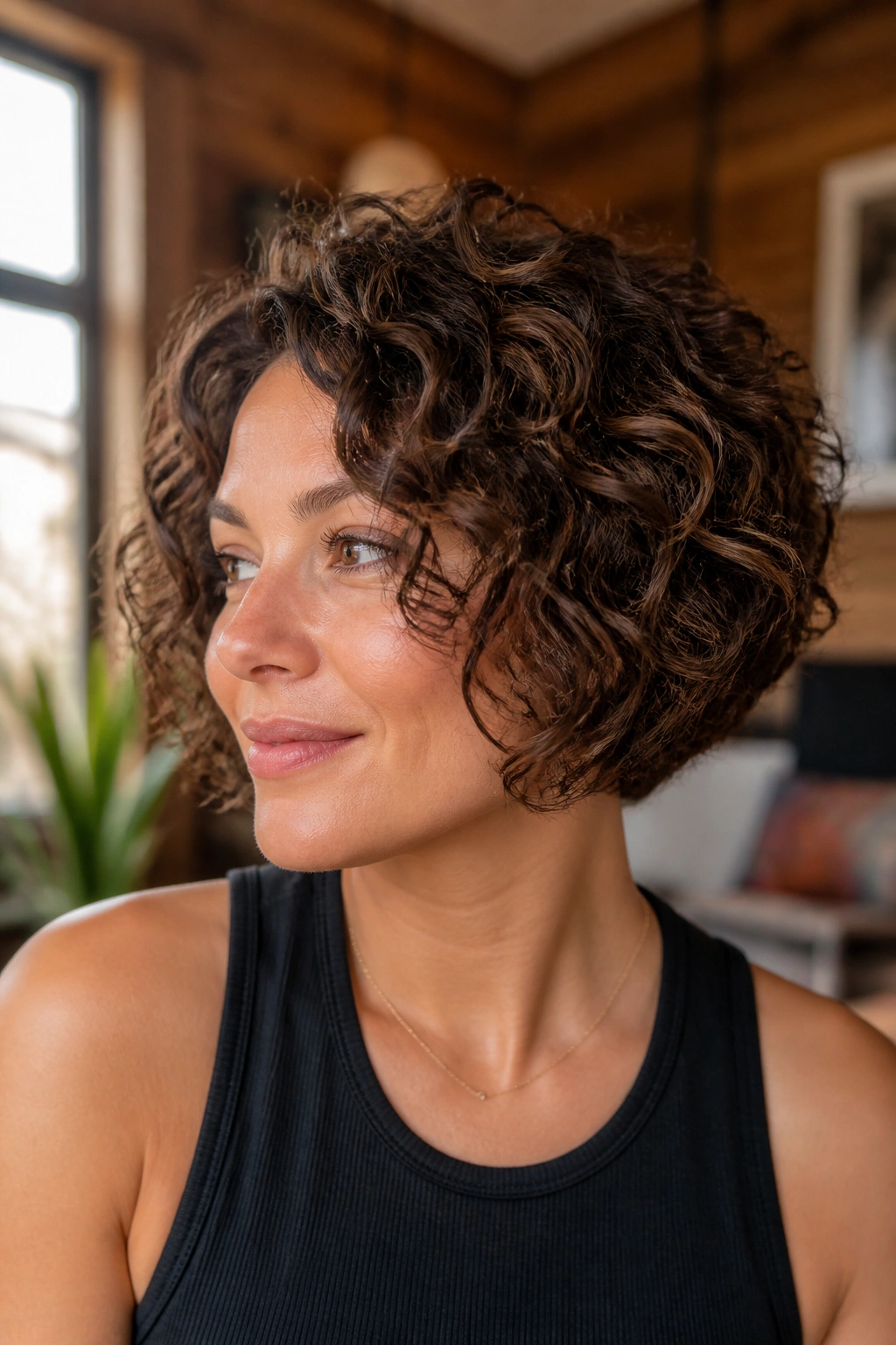 Close-up of a woman with a curly tapered bob highlighting cheekbone width in warm window light